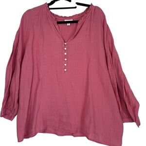 J. Jill 100% Linen Popover Blouse Womens 3X Pink Balloon Sleeve
